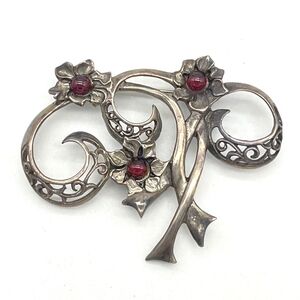 Vintage JJM Sterling Silver Garnet-Tone Floral Filigree Brooch